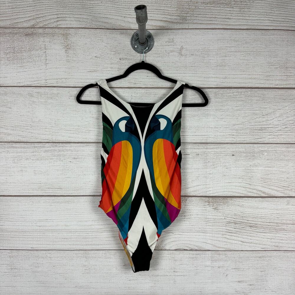 NWT FARM Rio Black and Blue One Piece Swimsuit with Geometric Design